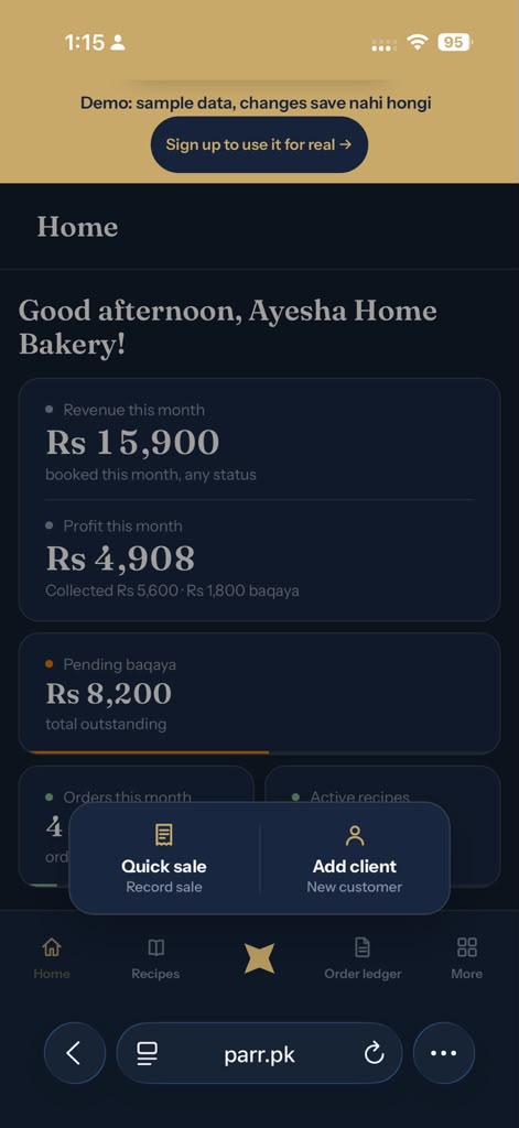 The Parr app open on a phone, showing revenue, profit and pending balance for the month at a home bakery.