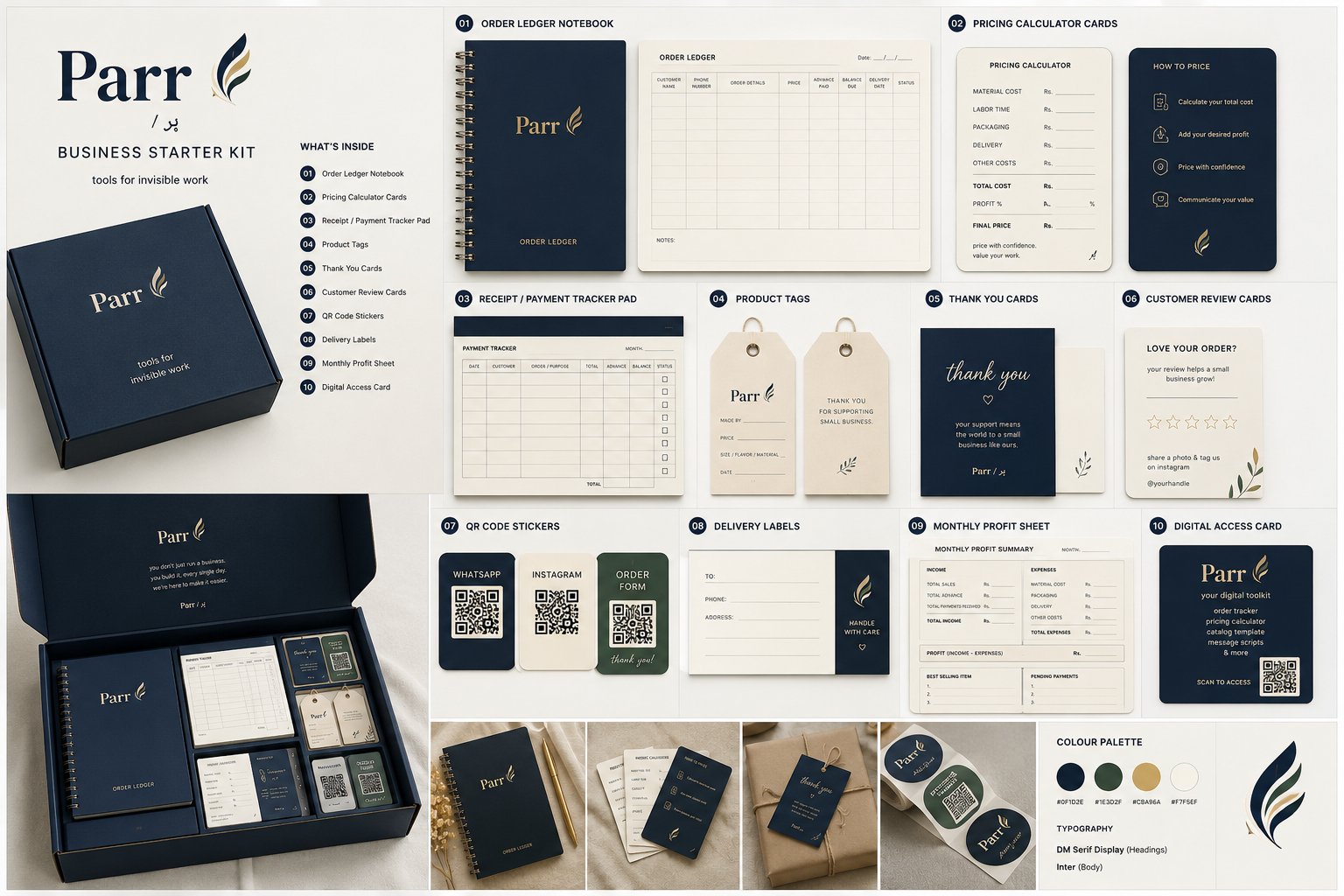 The Parr business starter kit: navy box with ledger notebook, pricing cards, tags, stickers, and labels